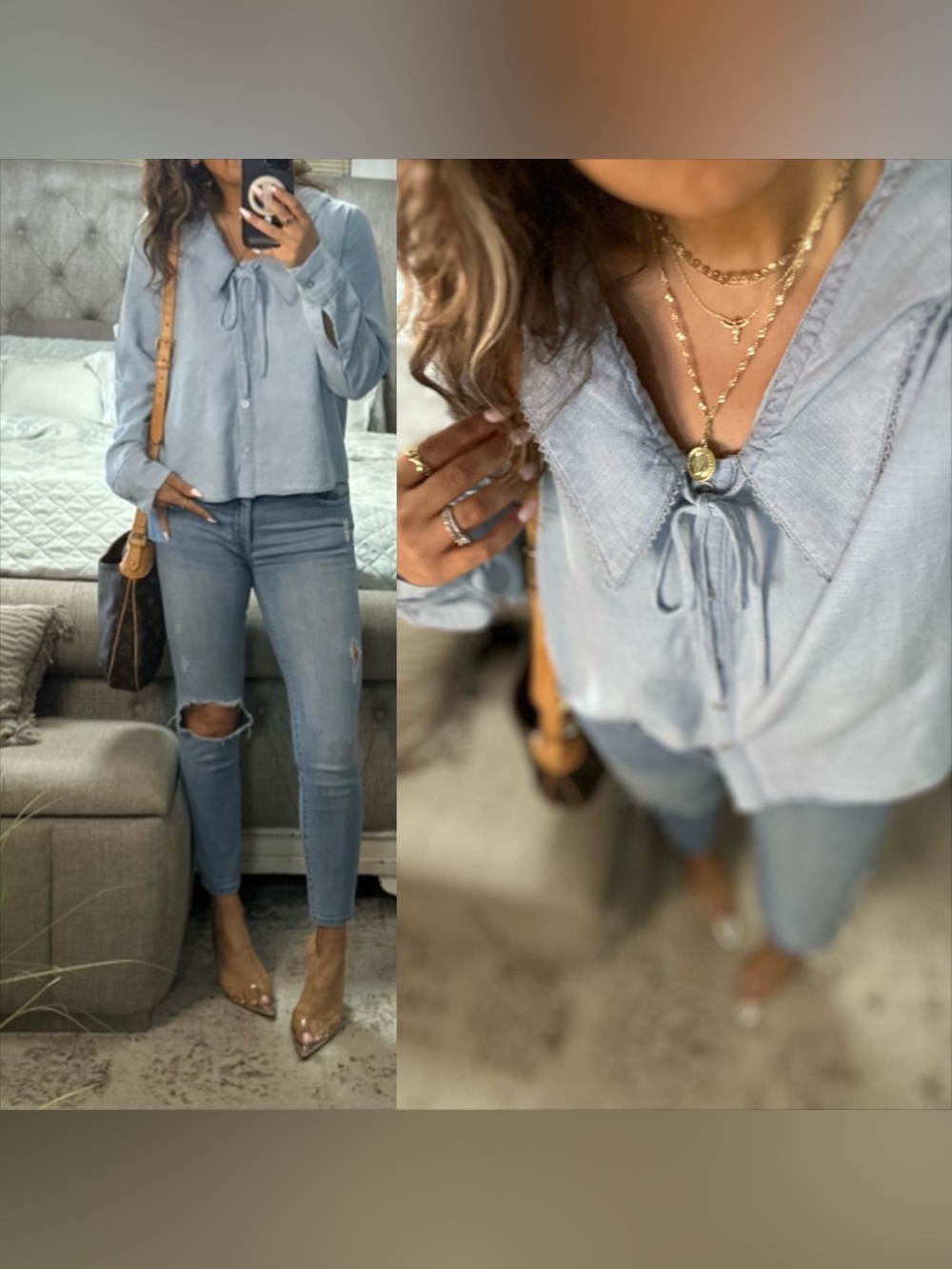 New🤎Light Blue Chambray Tie-Neck Button Front top